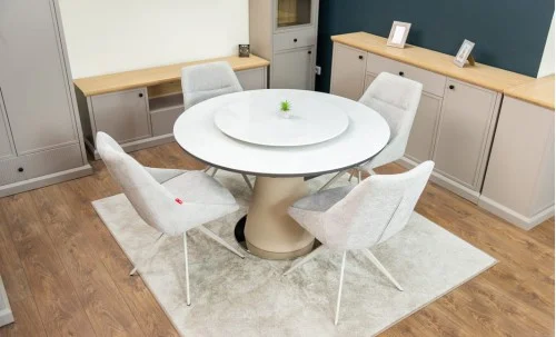 Set Masă Living Extensibilă CT163 Blat Ceramic Alb cu 4 Scaune DCM0108CS Gri Deschis