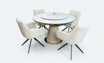 Set Masă Living Extensibilă CT163 Blat Ceramic Alb cu 4 Scaune Rotative DCM0112AS Bej