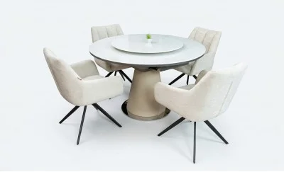 Set Masă Living Extensibilă CT163 Blat Ceramic Alb cu 4 Scaune Rotative DCM0112AS Bej
