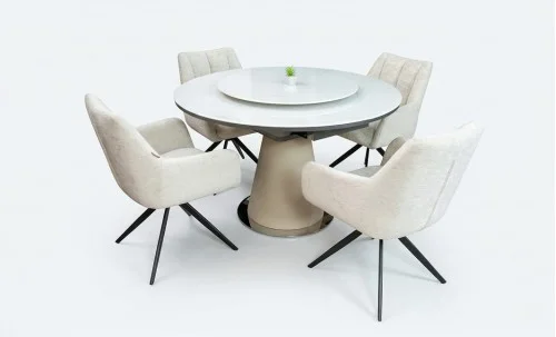 Set Masă Living Extensibilă CT163 Blat Ceramic Alb cu 4 Scaune Rotative DCM0112AS Bej