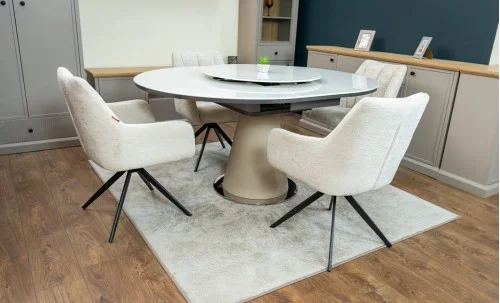 Set Masă Living Extensibilă CT163 Blat Ceramic Alb cu 4 Scaune Rotative DCM0112AS Bej