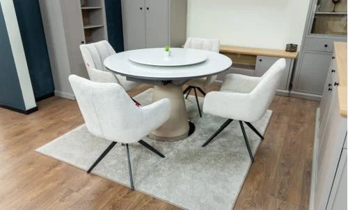 Set Masă Living Extensibilă CT163 Blat Ceramic Alb cu 4 Scaune Rotative DCM0112AS Bej