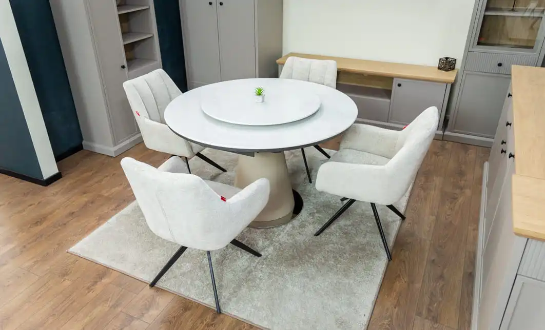 Set Masă Living Extensibilă CT163 Blat Ceramic Alb cu 4 Scaune Rotative DCM0112AS Bej 5