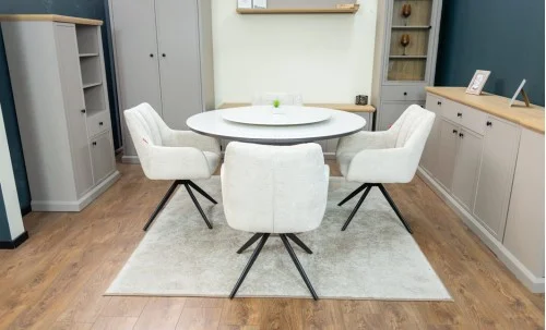 Set Masă Living Extensibilă CT163 Blat Ceramic Alb cu 4 Scaune Rotative DCM0112AS Bej