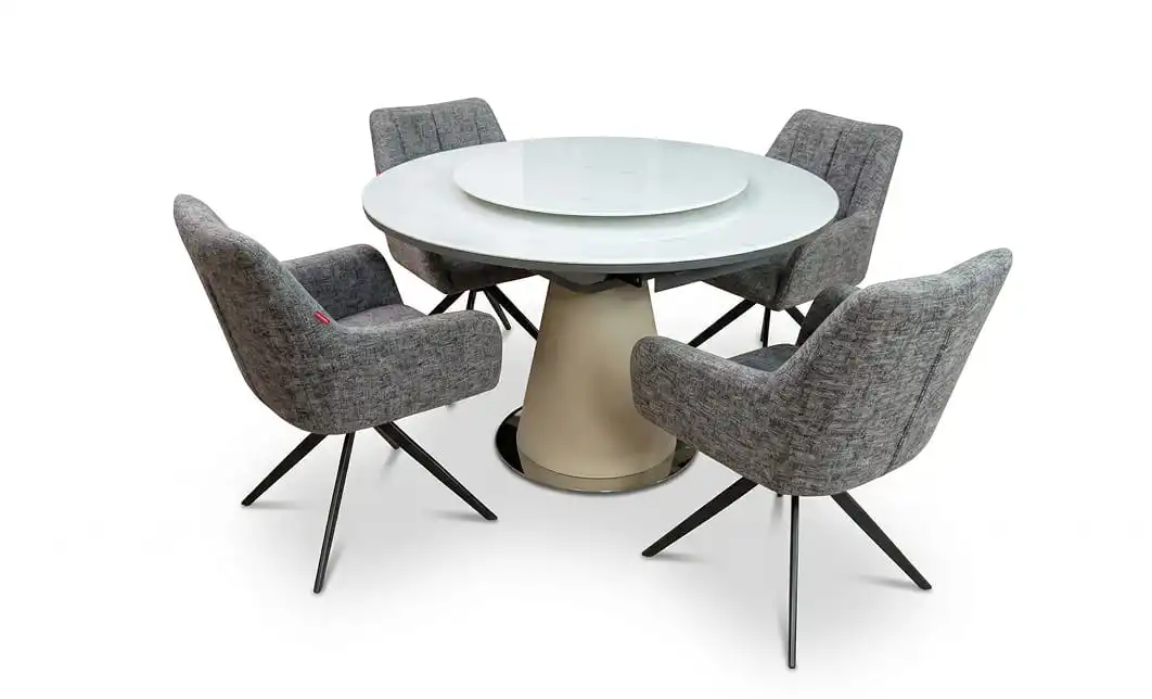 Set Masă Living Extensibilă CT163 Blat Ceramic Alb cu 4 Scaune Rotative DCM0112AS Gri Deschis 1