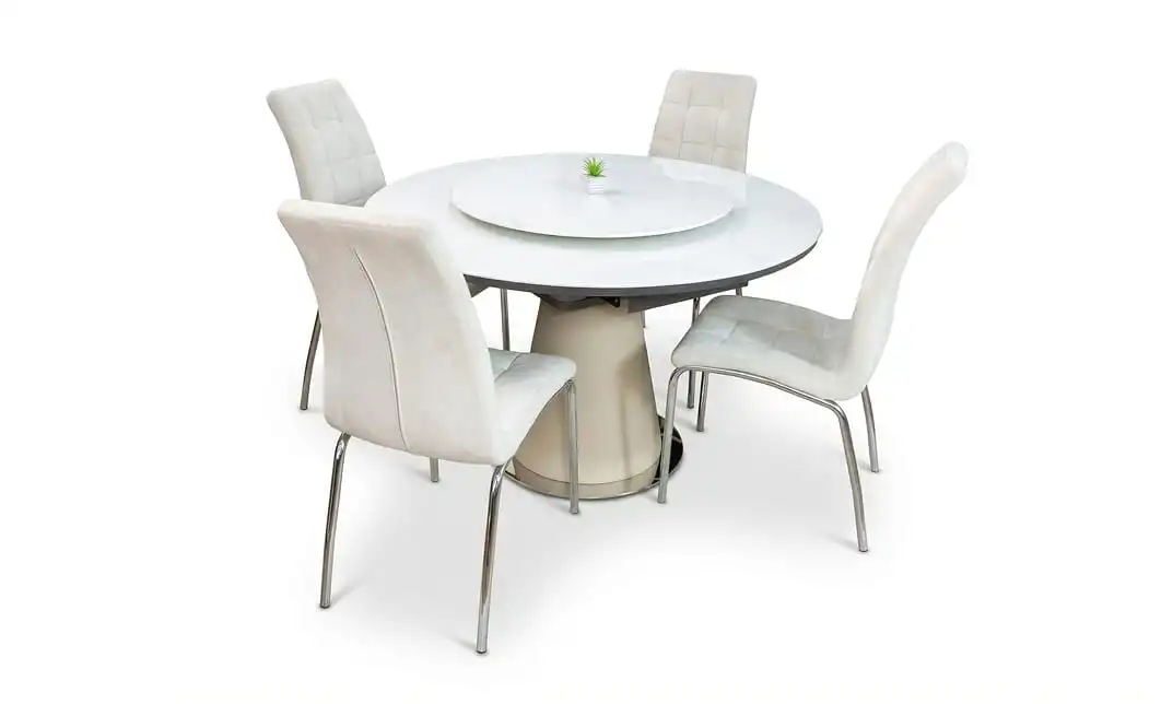 Set Masă Living Extensibilă CT163 Blat Ceramic Alb cu 4 Scaune Tapițate F630 Bej 1