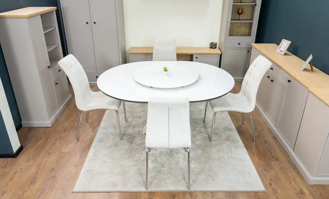 Set Masă Living Extensibilă CT163 Blat Ceramic Alb cu 4 Scaune Tapițate F630 Bej