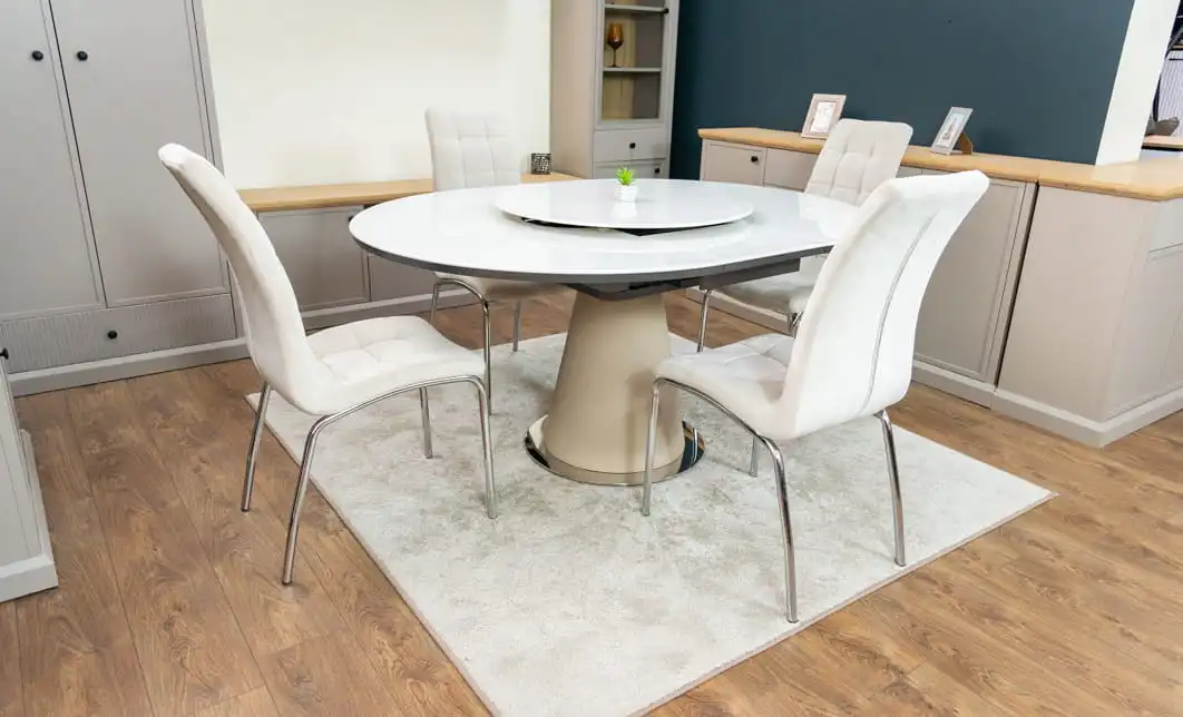 Set Masă Living Extensibilă CT163 Blat Ceramic Alb cu 4 Scaune Tapițate F630 Bej 10