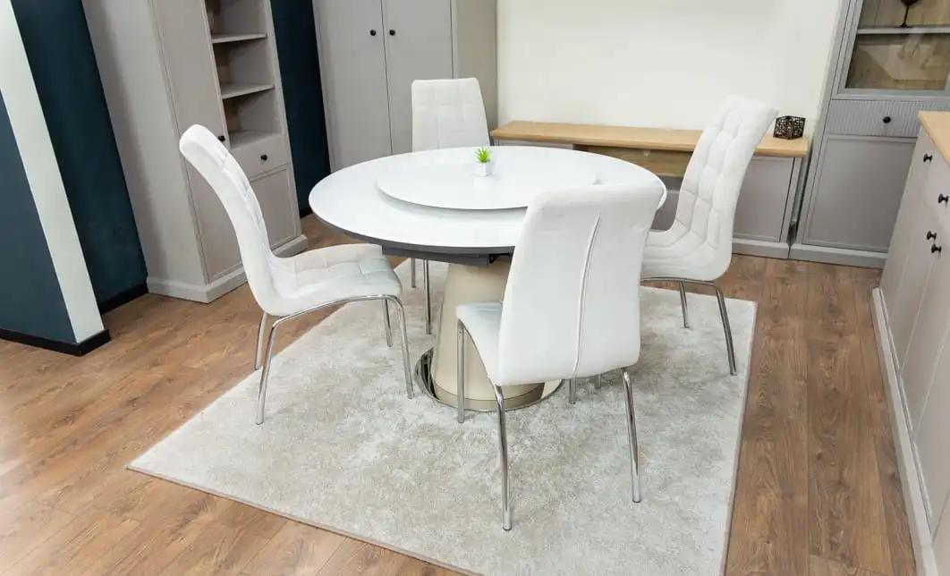Set Masă Living Extensibilă CT163 Blat Ceramic Alb cu 4 Scaune Tapițate F630 Bej 8