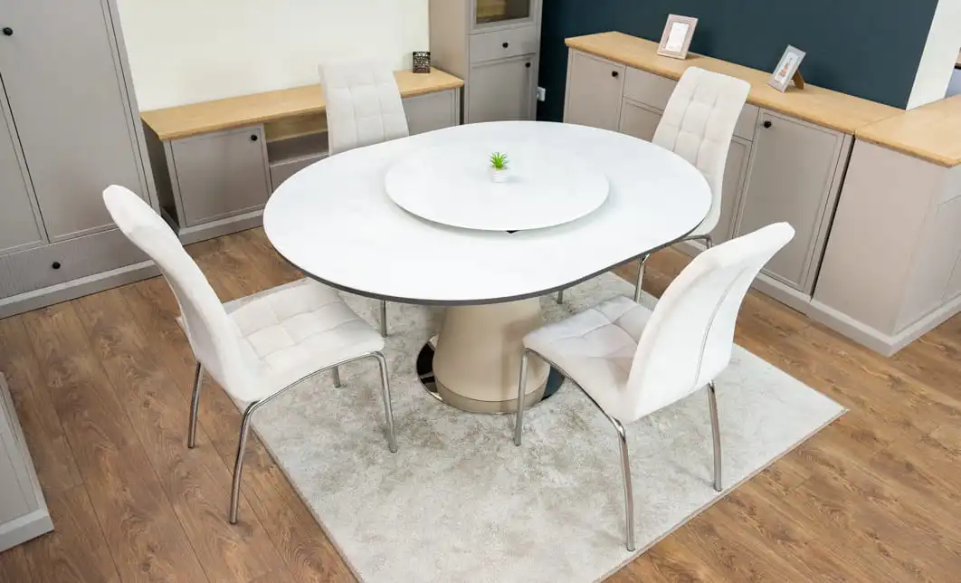 Set Masă Living Extensibilă CT163 Blat Ceramic Alb cu 4 Scaune Tapițate F630 Bej 7