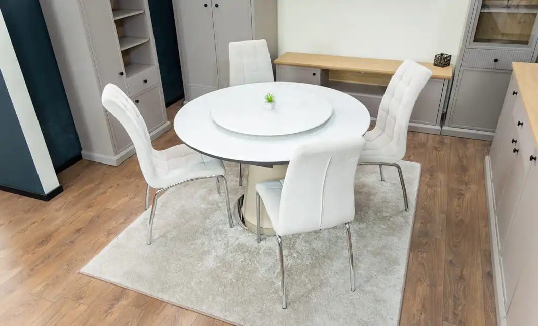 Set Masă Living Extensibilă CT163 Blat Ceramic Alb cu 4 Scaune Tapițate F630 Bej 6