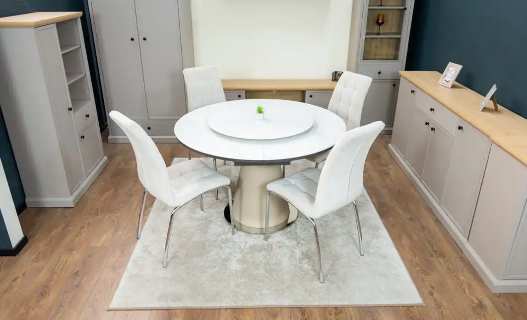 Set Masă Living Extensibilă CT163 Blat Ceramic Alb cu 4 Scaune Tapițate F630 Bej 4