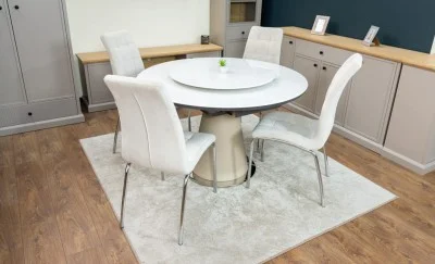 Set Masă Living Extensibilă CT163 Blat Ceramic Alb cu 4 Scaune Tapițate F630 Bej
