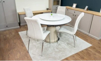 Set Masă Living Extensibilă CT163 Blat Ceramic Alb cu 4 Scaune Tapițate F630 Bej