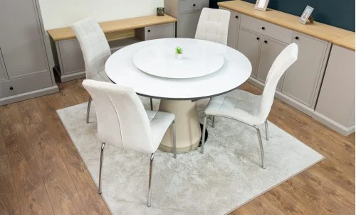 Set Masă Living Extensibilă CT163 Blat Ceramic Alb cu 4 Scaune Tapițate F630 Bej