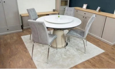 Set Masă Living Extensibilă CT163 Blat Ceramic Alb cu 4 Scaune Tapițate F630 Gri