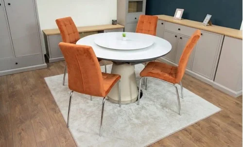 Set Masă Living Extensibilă CT163 Blat Ceramic Alb cu 4 Scaune Tapițate F630 Portocalii