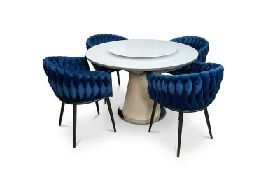 Set Masă Living Extensibilă CT163 Blat Ceramic Alb cu 4 Scaune KJC11 Albastre