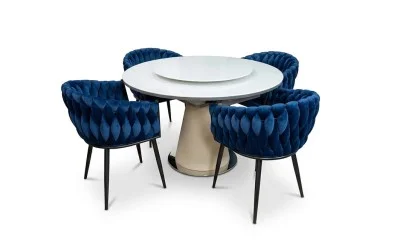 Set Masă Living Extensibilă CT163 Blat Ceramic Alb cu 4 Scaune KJC11 Albastre