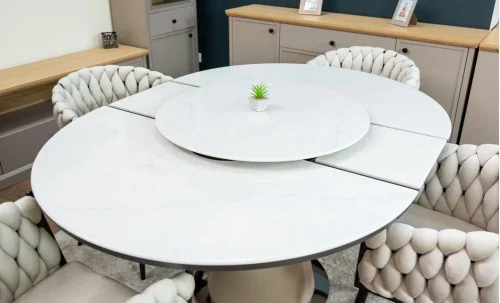 Set Masă Living Extensibilă CT163 Blat Ceramic Alb cu 4 Scaune KJC11 Bej
