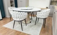 Set Masă Living Extensibilă CT163 Blat Ceramic Alb cu 4 Scaune KJC11 Bej