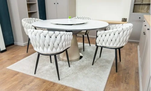 Set Masă Living Extensibilă CT163 Blat Ceramic Alb cu 4 Scaune KJC11 Bej