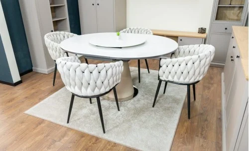 Set Masă Living Extensibilă CT163 Blat Ceramic Alb cu 4 Scaune KJC11 Bej