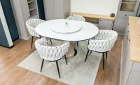 Set Masă Living Extensibilă CT163 Blat Ceramic Alb cu 4 Scaune KJC11 Bej