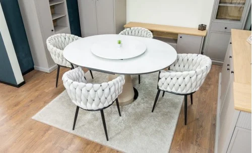 Set Masă Living Extensibilă CT163 Blat Ceramic Alb cu 4 Scaune KJC11 Bej