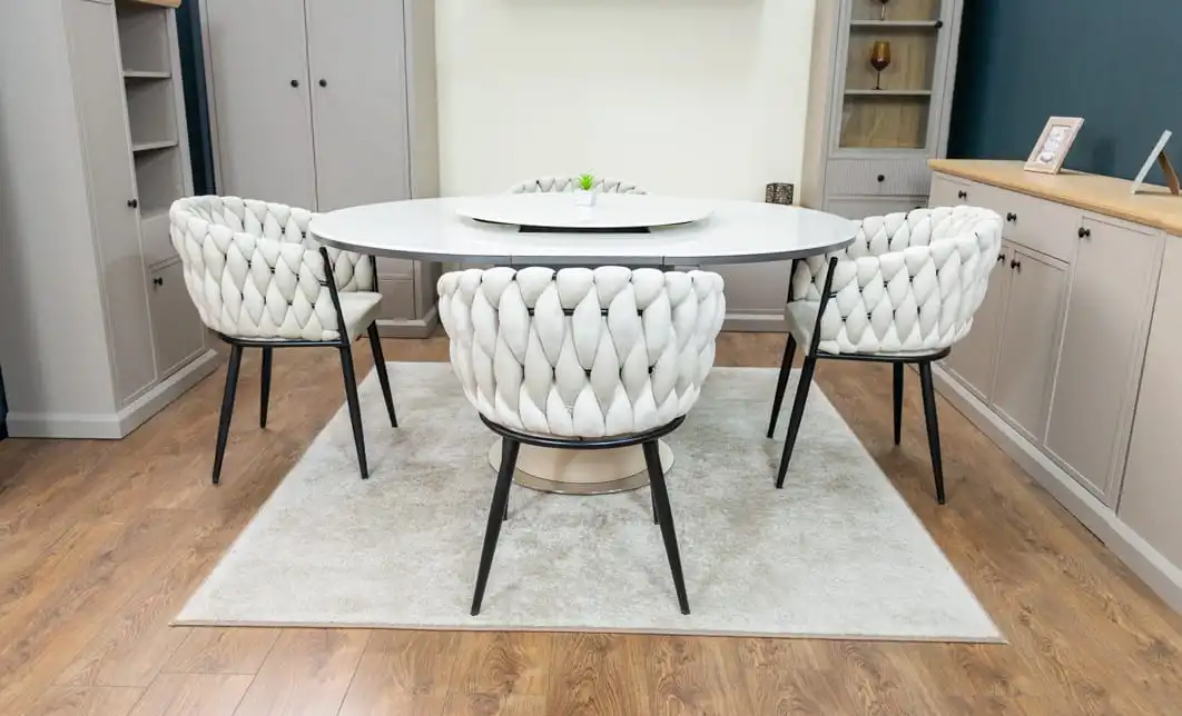 Set Masă Living Extensibilă CT163 Blat Ceramic Alb cu 4 Scaune KJC11 Bej