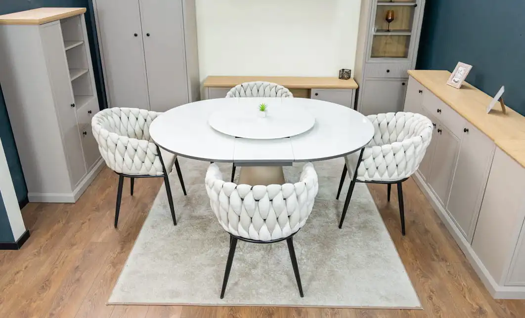 Set Masă Living Extensibilă CT163 Blat Ceramic Alb cu 4 Scaune KJC11 Bej