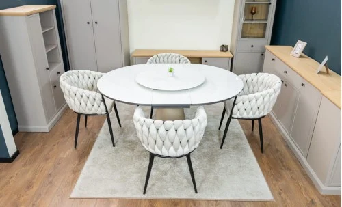 Set Masă Living Extensibilă CT163 Blat Ceramic Alb cu 4 Scaune KJC11 Bej