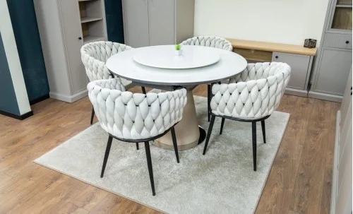 Set Masă Living Extensibilă CT163 Blat Ceramic Alb cu 4 Scaune KJC11 Bej