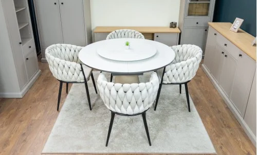 Set Masă Living Extensibilă CT163 Blat Ceramic Alb cu 4 Scaune KJC11 Bej