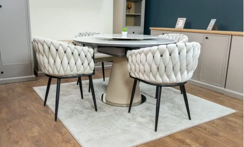 Set Masă Living Extensibilă CT163 Blat Ceramic Alb cu 4 Scaune KJC11 Bej