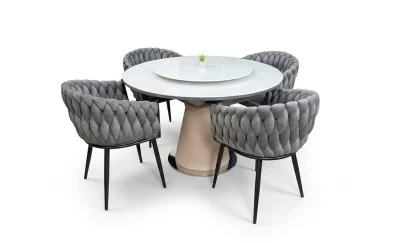 Set Masă Living Extensibilă CT163 Blat Ceramic Alb cu 4 Scaune KJC11 Gri