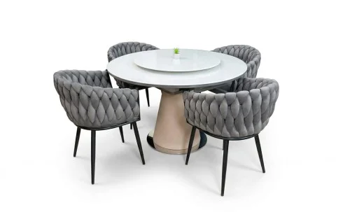 Set Masă Living Extensibilă CT163 Blat Ceramic Alb cu 4 Scaune KJC11 Gri