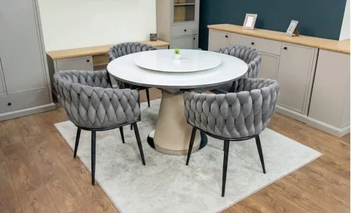 Set Masă Living Extensibilă CT163 Blat Ceramic Alb cu 4 Scaune KJC11 Gri