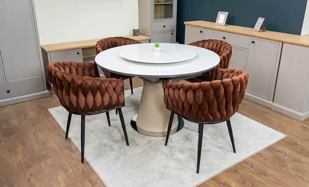 Set Masă Living Extensibilă CT163 Blat Ceramic Alb cu 4 Scaune KJC11 Maro
