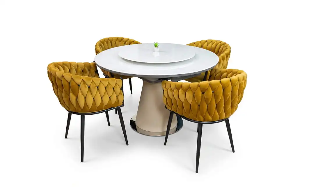 Set Masă Living Extensibilă CT163 Blat Ceramic Alb cu 4 Scaune KJC11 Muștar 1