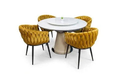 Set Masă Living Extensibilă CT163 Blat Ceramic Alb cu 4 Scaune KJC11 Muștar