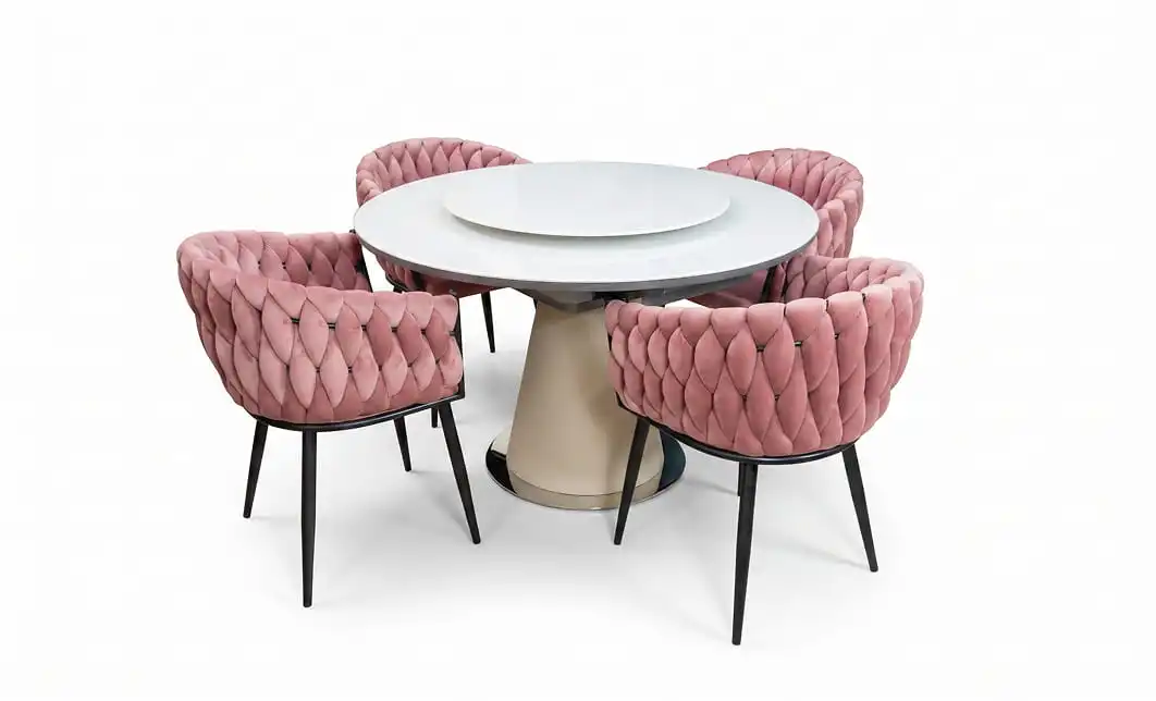 Set Masă Living Extensibilă CT163 Blat Ceramic Alb cu 4 Scaune KJC11 Roz 1