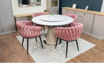 Set Masă Living Extensibilă CT163 Blat Ceramic Alb cu 4 Scaune KJC11 Roz