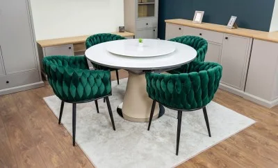 Set Masă Living Extensibilă CT163 Blat Ceramic Alb cu 4 Scaune KJC11 Verzi