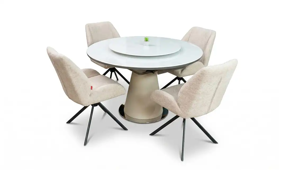 Set Masă Living Extensibilă CT163 Blat Ceramic Alb cu 4 Scaune Rotative KJC4347 Bej 1