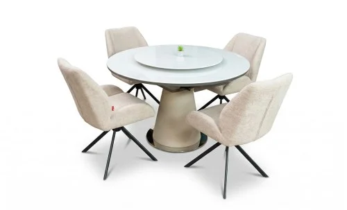 Set Masă Living Extensibilă CT163 Blat Ceramic Alb cu 4 Scaune Rotative KJC4347 Bej