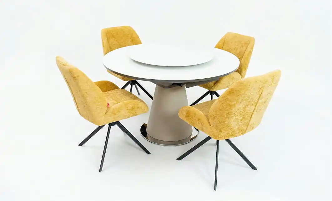 Set Masă Living Extensibilă CT163 Blat Ceramic Alb cu 4 Scaune Rotative KJC4347 Galbene 1