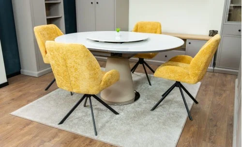 Set Masă Living Extensibilă CT163 Blat Ceramic Alb cu 4 Scaune Rotative KJC4347 Galbene