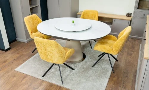 Set Masă Living Extensibilă CT163 Blat Ceramic Alb cu 4 Scaune Rotative KJC4347 Galbene