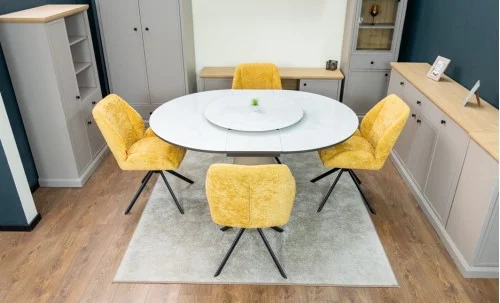 Set Masă Living Extensibilă CT163 Blat Ceramic Alb cu 4 Scaune Rotative KJC4347 Galbene